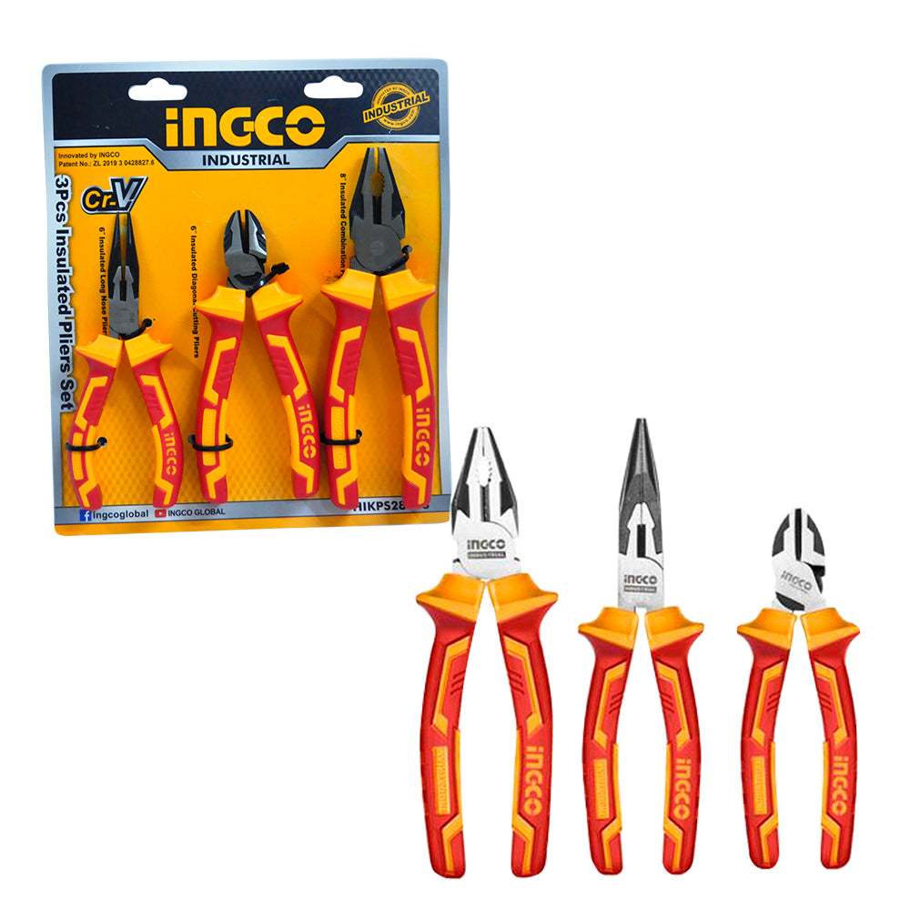 Bộ 3 kềm răng, cắt, mũi nhọn INGCO HIKPS28318, chất liệu thép Cr-V, mạ đen và đánh bóng - Cách điện 1000V Thinksafe
