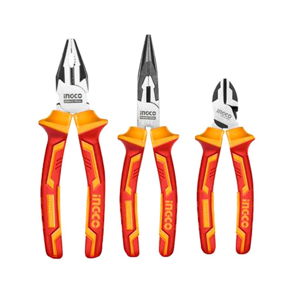 Bộ 3 kềm răng, cắt, mũi nhọn INGCO HIKPS28318, chất liệu thép Cr-V, mạ đen và đánh bóng - Cách điện 1000V Thinksafe