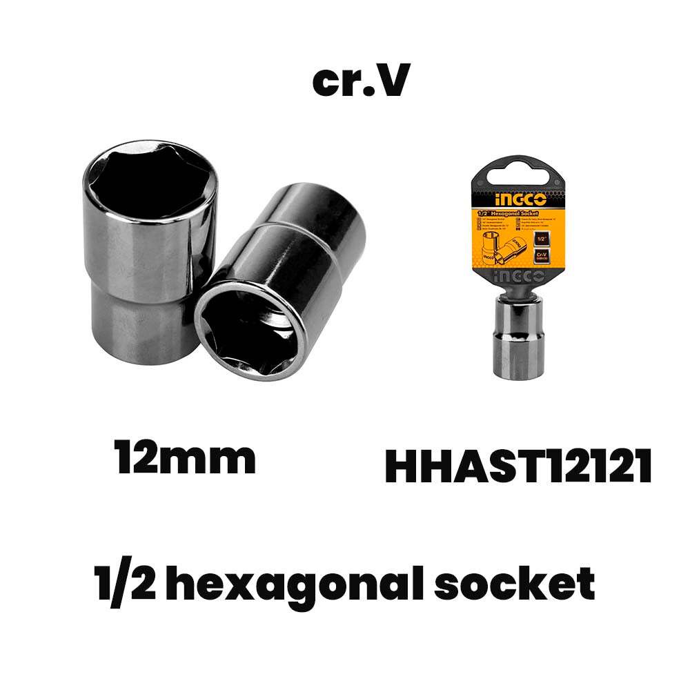 Đầu tuýp INGCO kích thước 1/2 inch, chiều dài 8 - 16 mm, đầu khẩu chất liệu 50BV30 chịu nhiệt, mạ Niken đen- Thinksafe