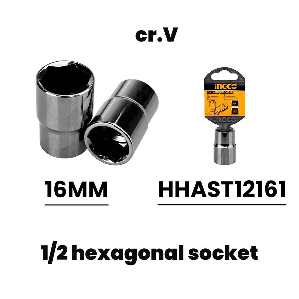 Đầu tuýp INGCO kích thước 1/2 inch, chiều dài 8 - 16 mm, đầu khẩu chất liệu 50BV30 chịu nhiệt, mạ Niken đen- Thinksafe