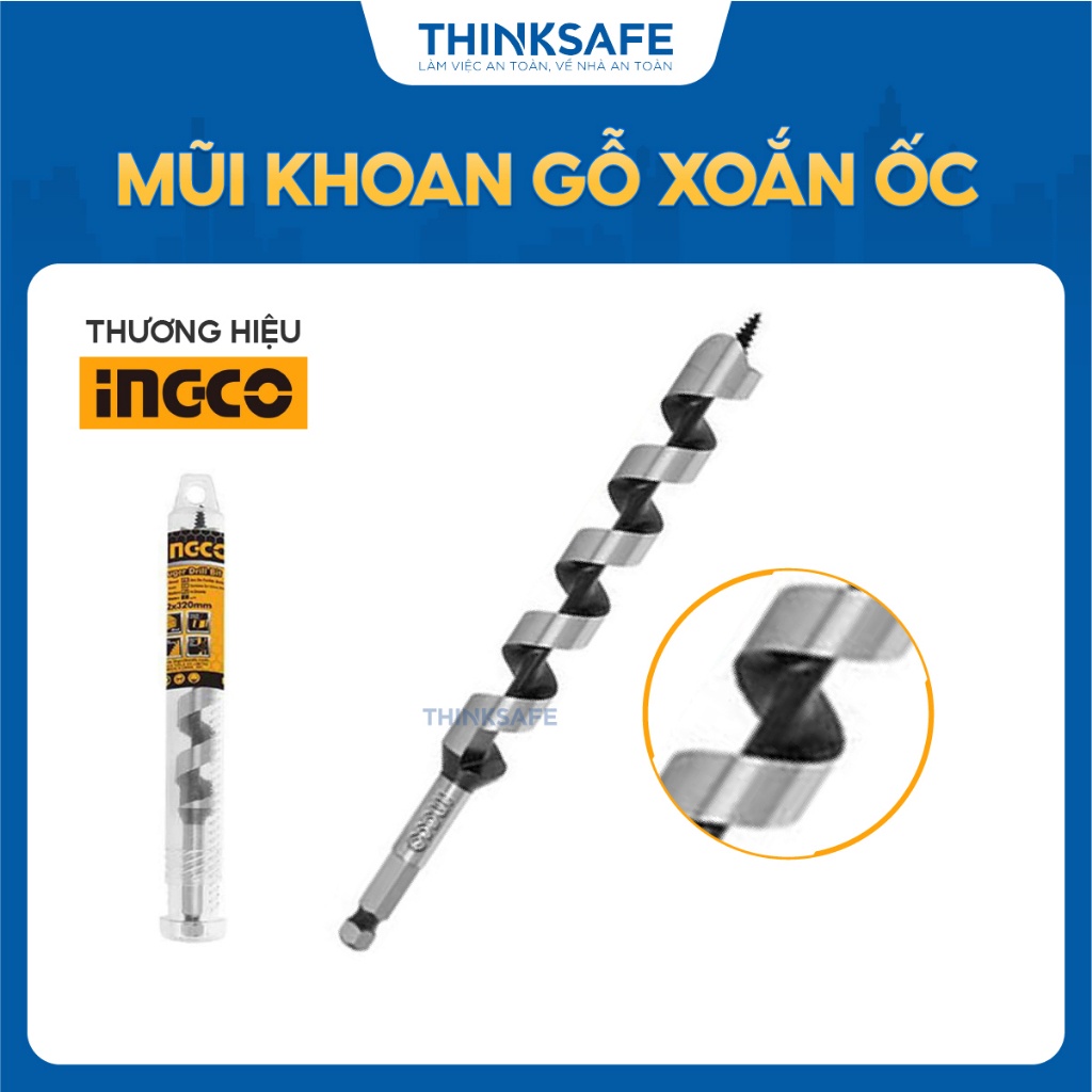 Mũi khoan gỗ xoắn ốc INGCO kích thước 14-20mm, tổng chiều dài mũi 235mm chất liệu thép cacbon tốt, chịu lực - Thinksafe