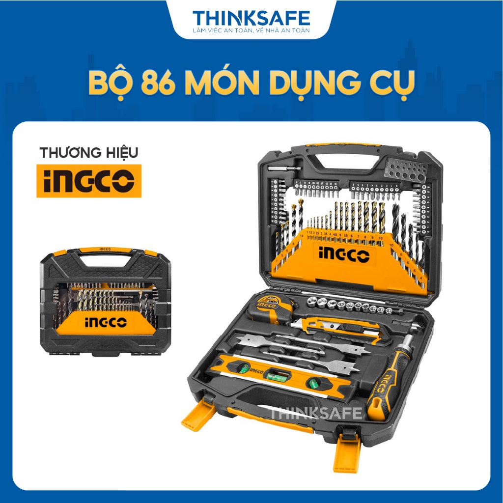 Bộ dụng cụ 86 món INGCO HKTAC010861 mũi khoan siết vít, thước thủy mini, dao rọc giấy, đầu tuýp, thước đo - Thinksafe