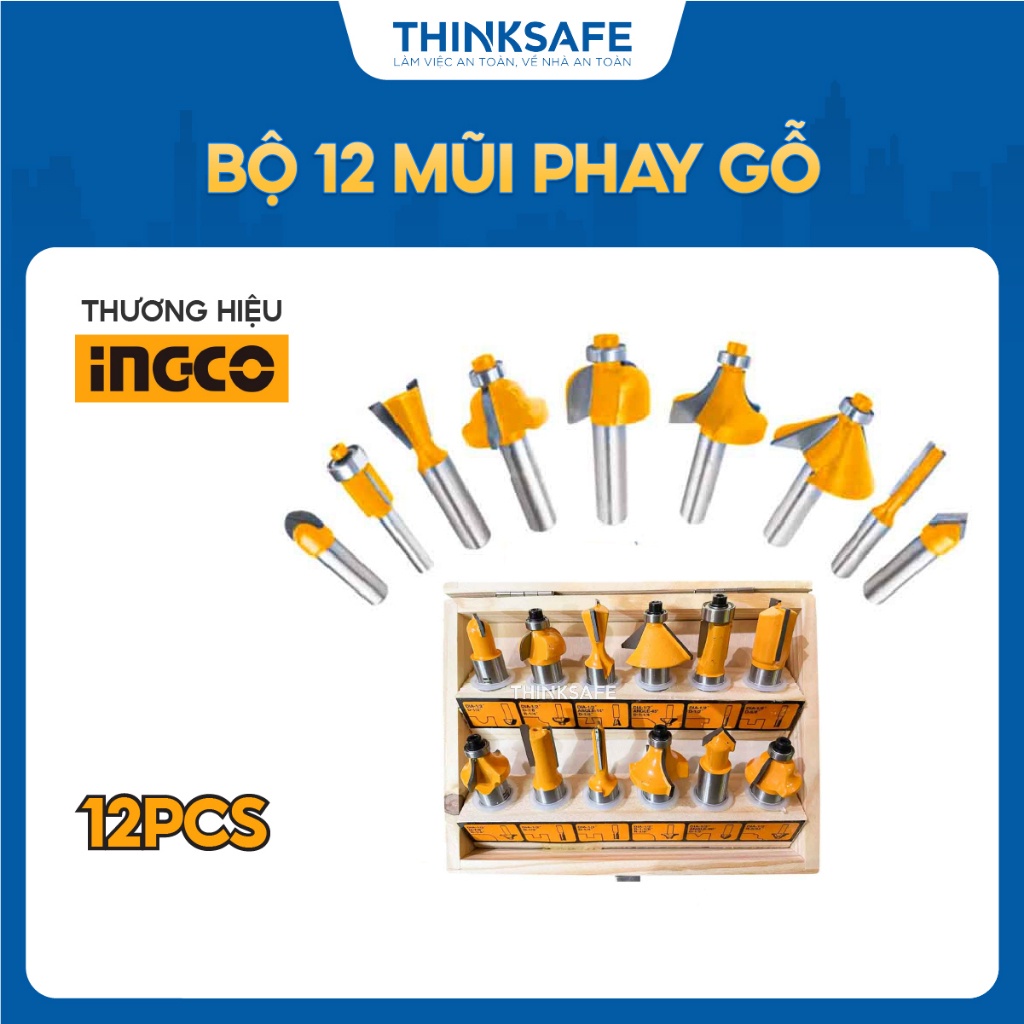 Bộ 12 mũi phay gỗ INGCO AKRT12141, đường kính 1/4 inch (6mm) - Thinksafe