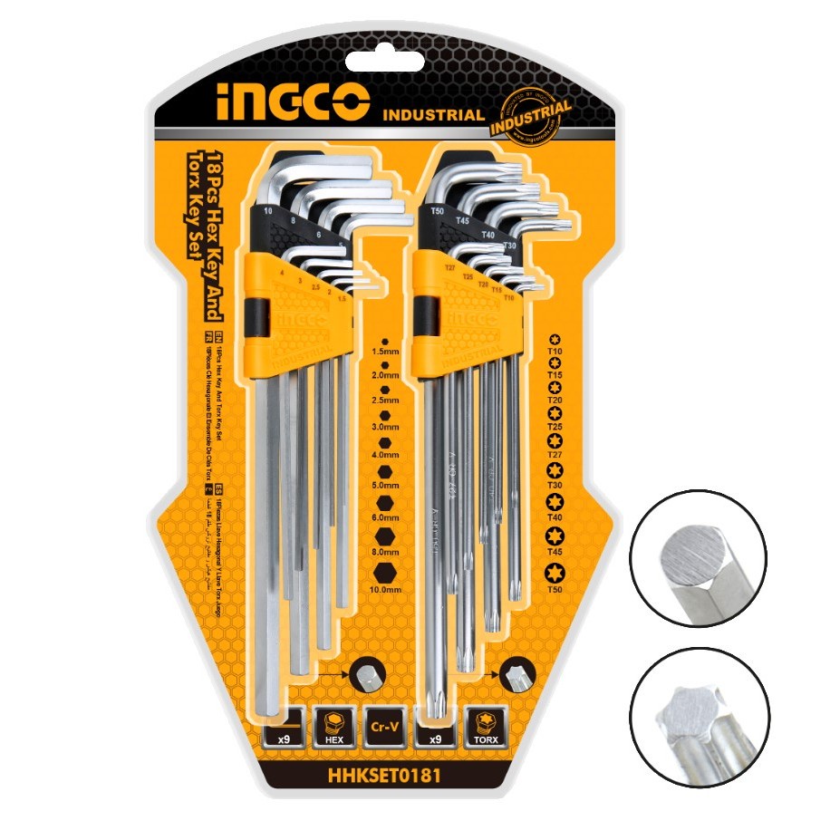 Bộ 18 chìa lục giác và bông INGCO HHKSET0181, kích thước 1.5-10mm, làm từ thép CRV - Thinksafe