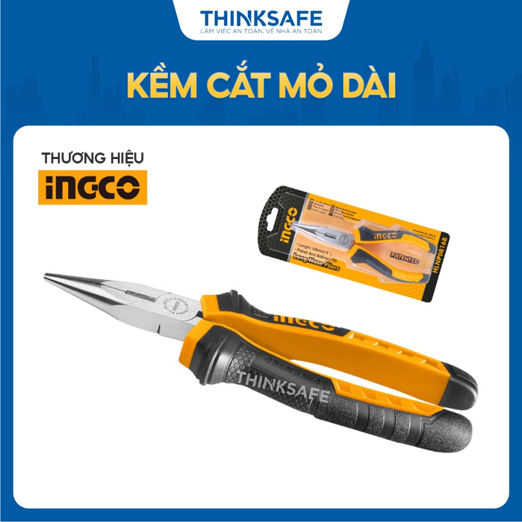 Kìm cắt mỏ dài INGCO HLNP08168 6 inch 8 inch, láng bóng, chống gỉ - Tay cầm hai màu Thinksafe.