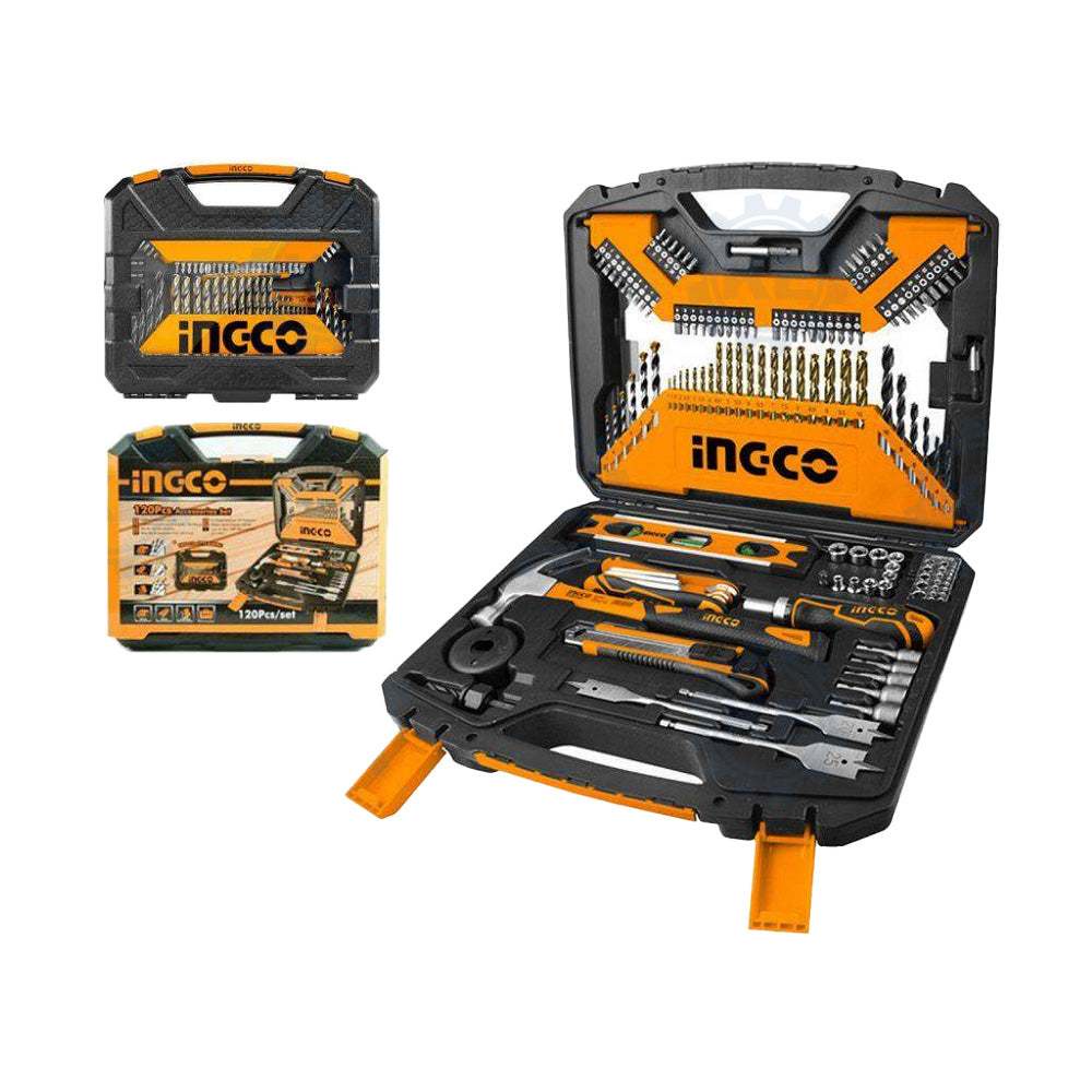 Bộ đồ nghề 120 dụng cụ INGCO HKTAC011201 gồm Mũi Khoan, Thước Thủy, Dao Rọc Giấy, Đầu tuýp, Cờ Lê, Búa - Thinksafe