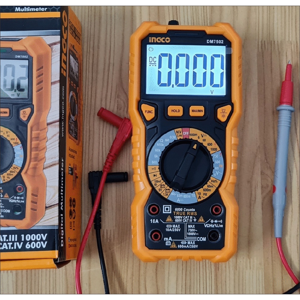 Đồng hồ vạn năng kỹ thuật số INGCO DM7502, 6000 số đếm, màn hình LCD cho điện áp DC và AC - Thinksafe