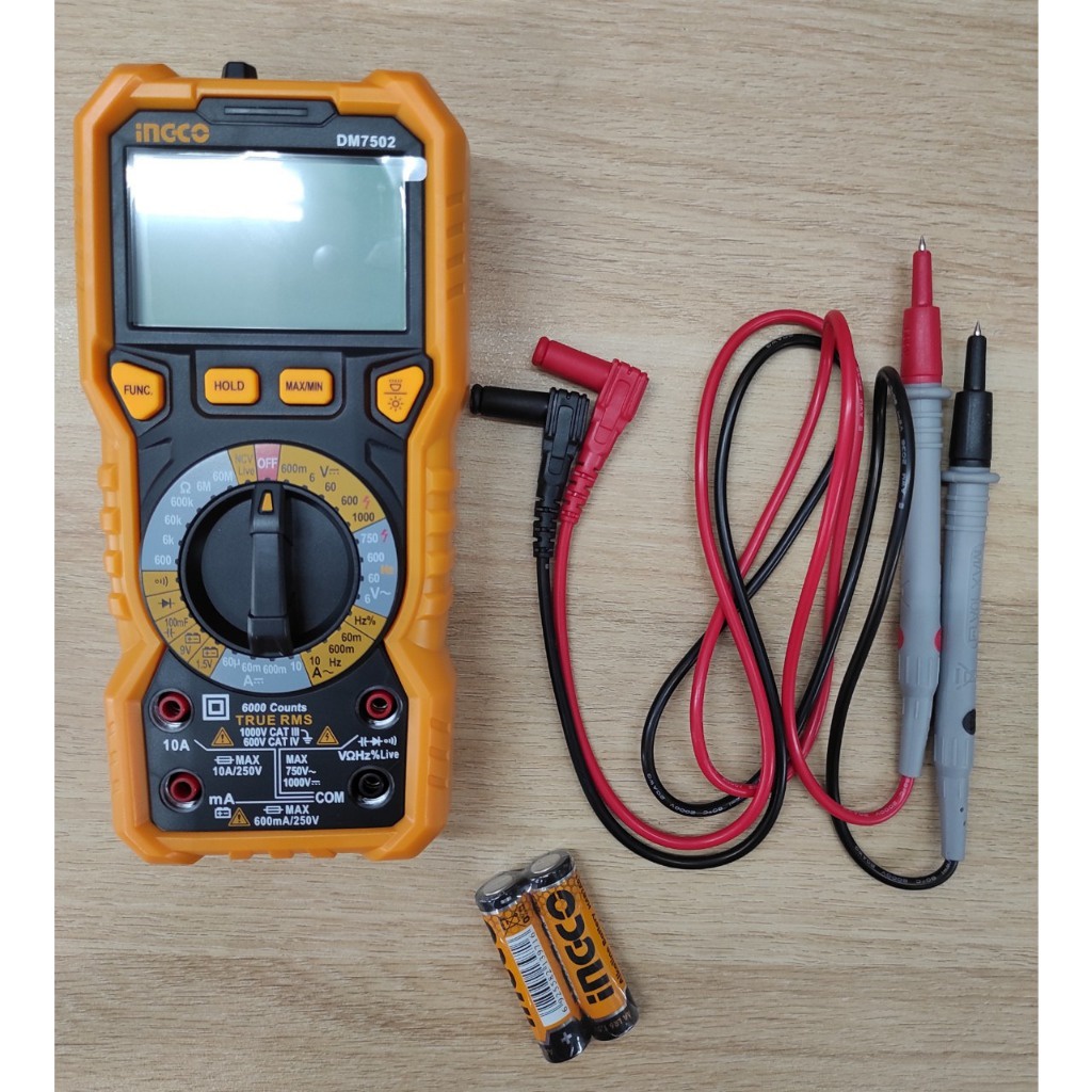 Đồng hồ vạn năng kỹ thuật số INGCO DM7502, 6000 số đếm, màn hình LCD cho điện áp DC và AC - Thinksafe