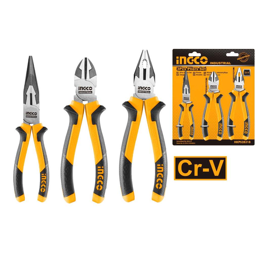 Bộ 3 kềm răng,cắt và nhọn INGCO HKPS28318 Kềm răng: 8 inch; Kềm cắt: 6 inch, Kềm nhọn: 6 inch. Chất liệu bằng thép CR-V