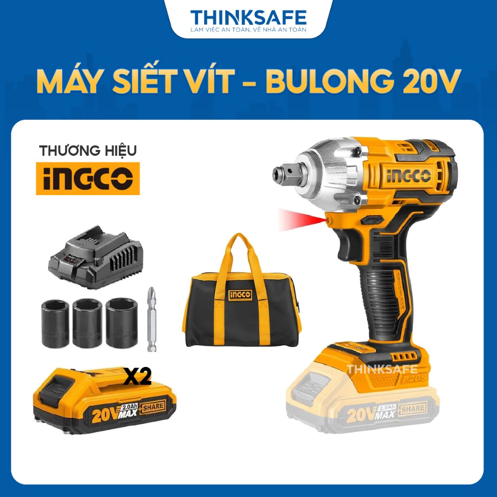 Máy Siết Vít, Bulong Pin 20V INGCO CIWLI20208, Động Cơ Không Chổi Than, 220NM kèm  2 Pin, 3 Đầu Tuýp - Thinksafe