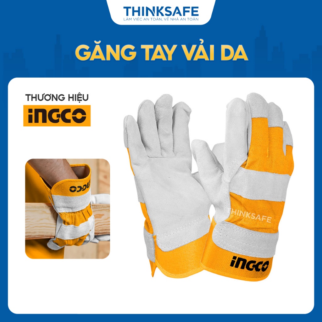 Găng tay vải da INGCO HGVC01 kích thước 10.5 inch, chất liệu vải da bò, lớp coton và cao su ở mặt trên - Thinksafe