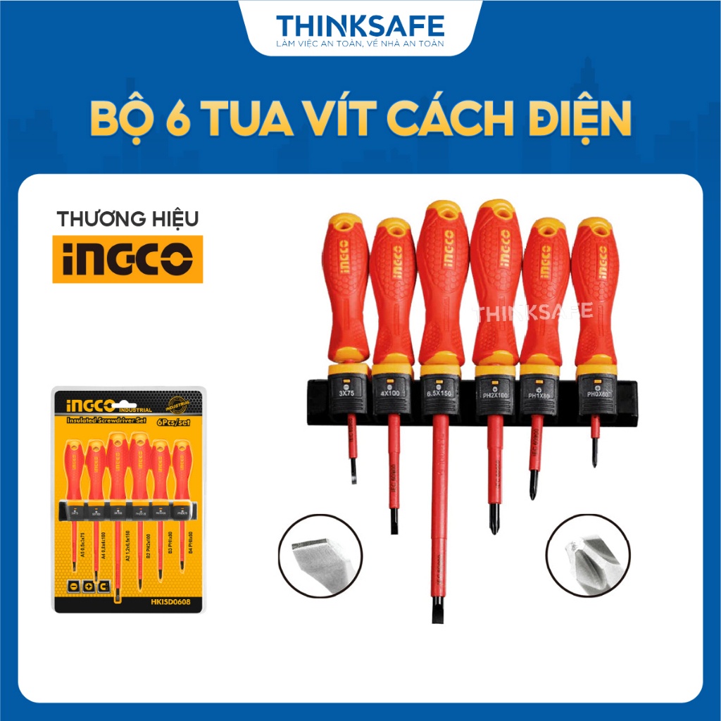 Bộ 6 tua vít cách điện INGCO HKISD0608, tay cầm mới, khung nhôm, chống dòng điện 1000V - Thinksafe