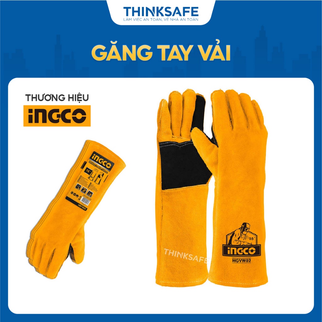Găng tay da thợ hàn INGCO HGVW02 Size 16 inch, cách nhiệt, nóng, dùng cho hàn xì - Thinksafe