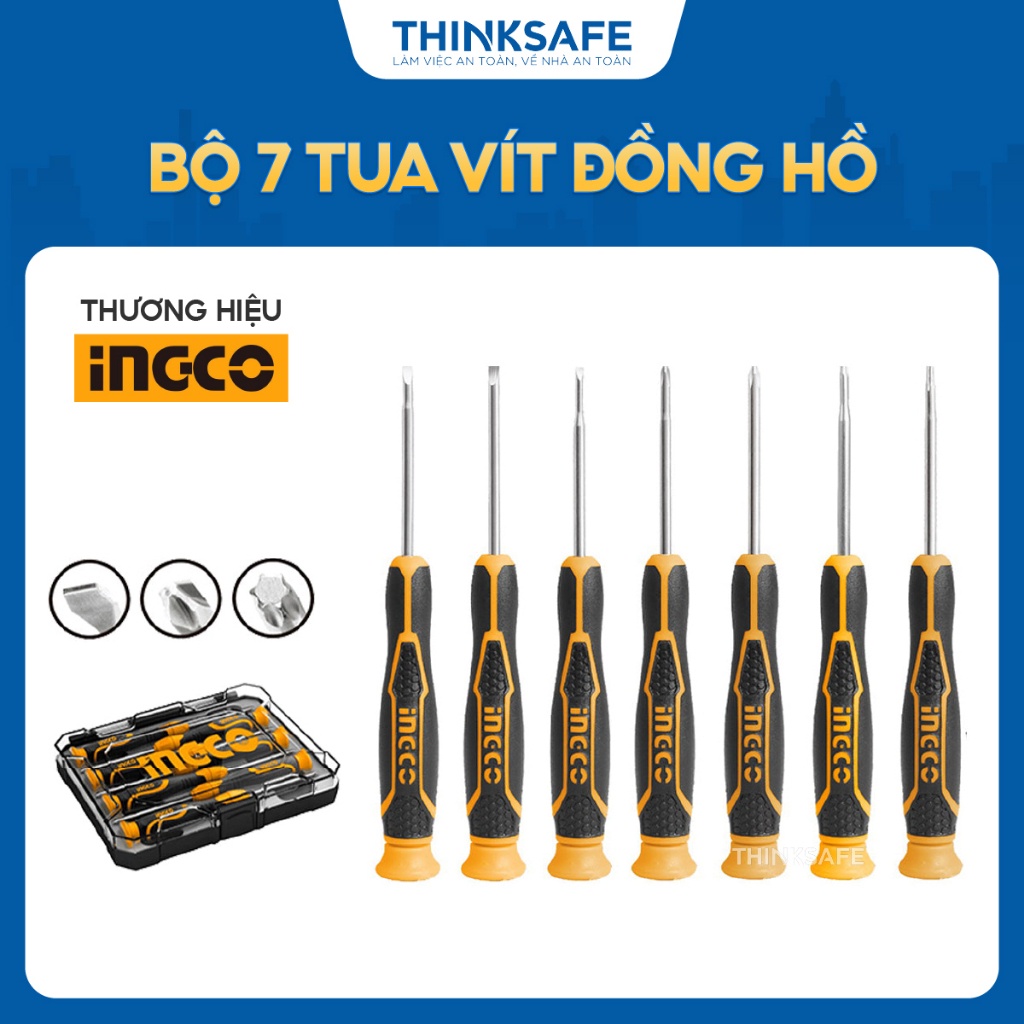 Bộ 7 tua vít đồng hồ INGCO HKSD0718, CR-V, tay cầm chống trơn trượt, gồm vít dẹp, vít bake, vít hoa thị - Thinksafe