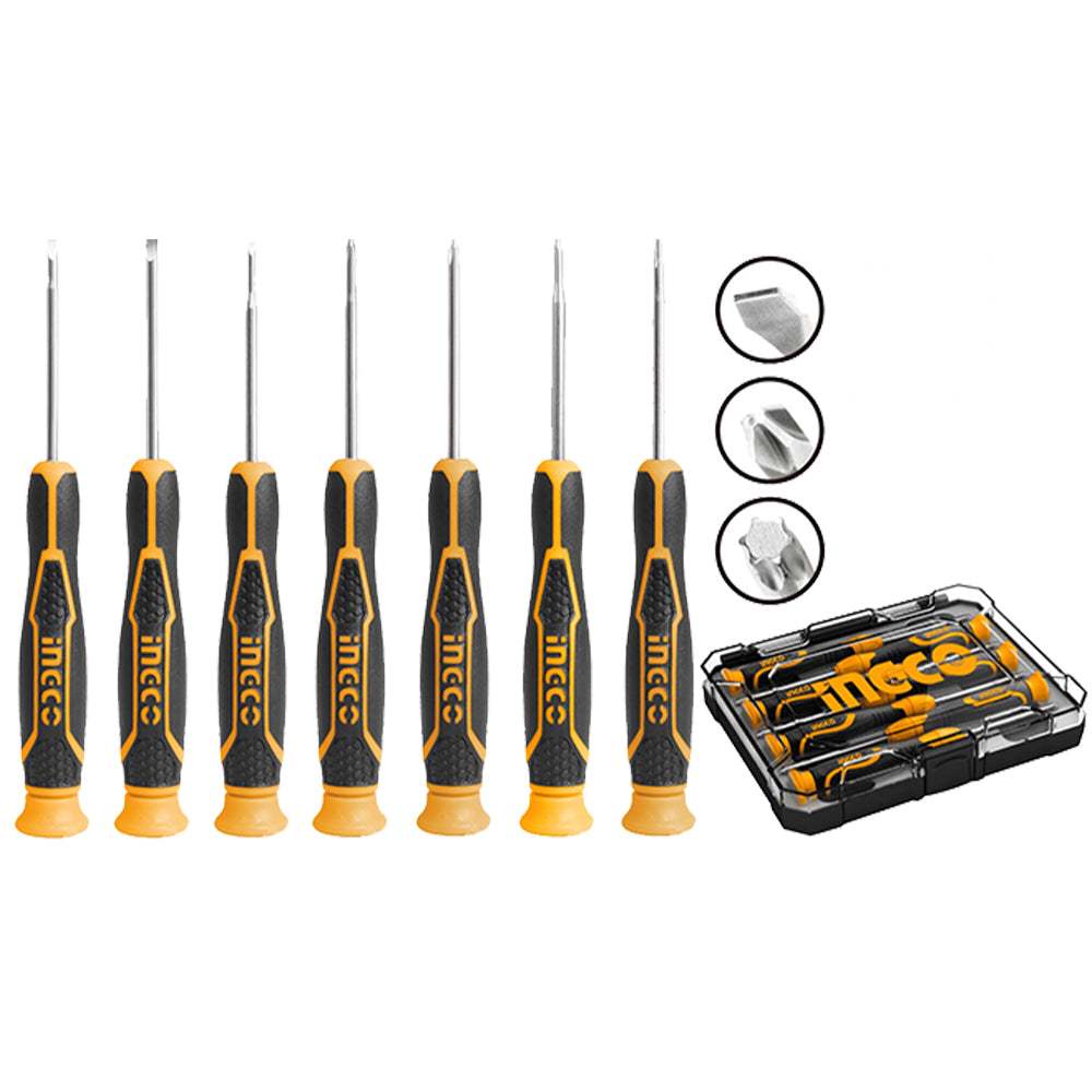 Bộ 7 tua vít đồng hồ INGCO HKSD0718, CR-V, tay cầm chống trơn trượt, gồm vít dẹp, vít bake, vít hoa thị - Thinksafe