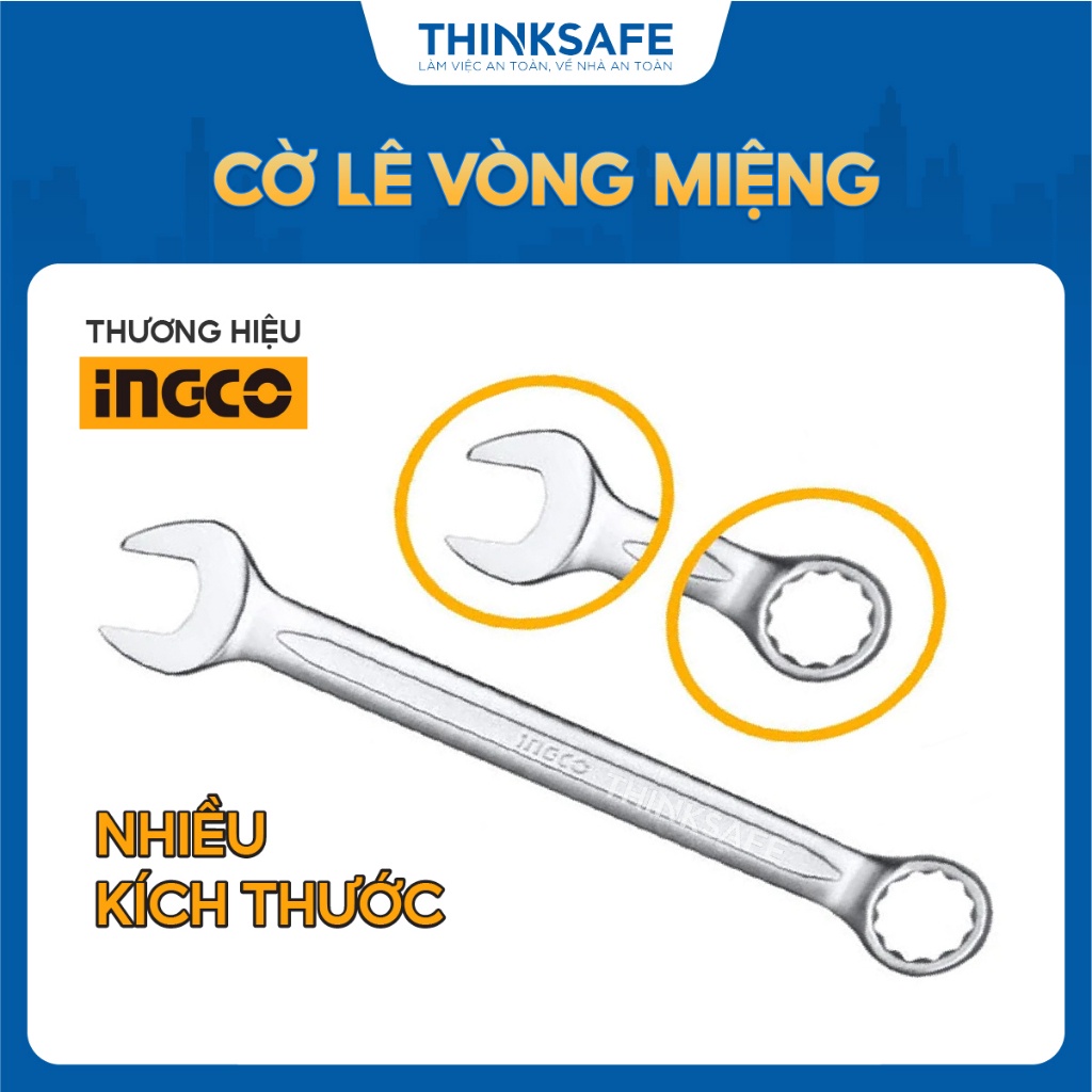 Cờ lê vòng miệng INGCO kích thước 6-32mm, chiều dài đa dạng, chất liệu thép Crv mạ Chrome, sơn bóng mờ - Thinksafe