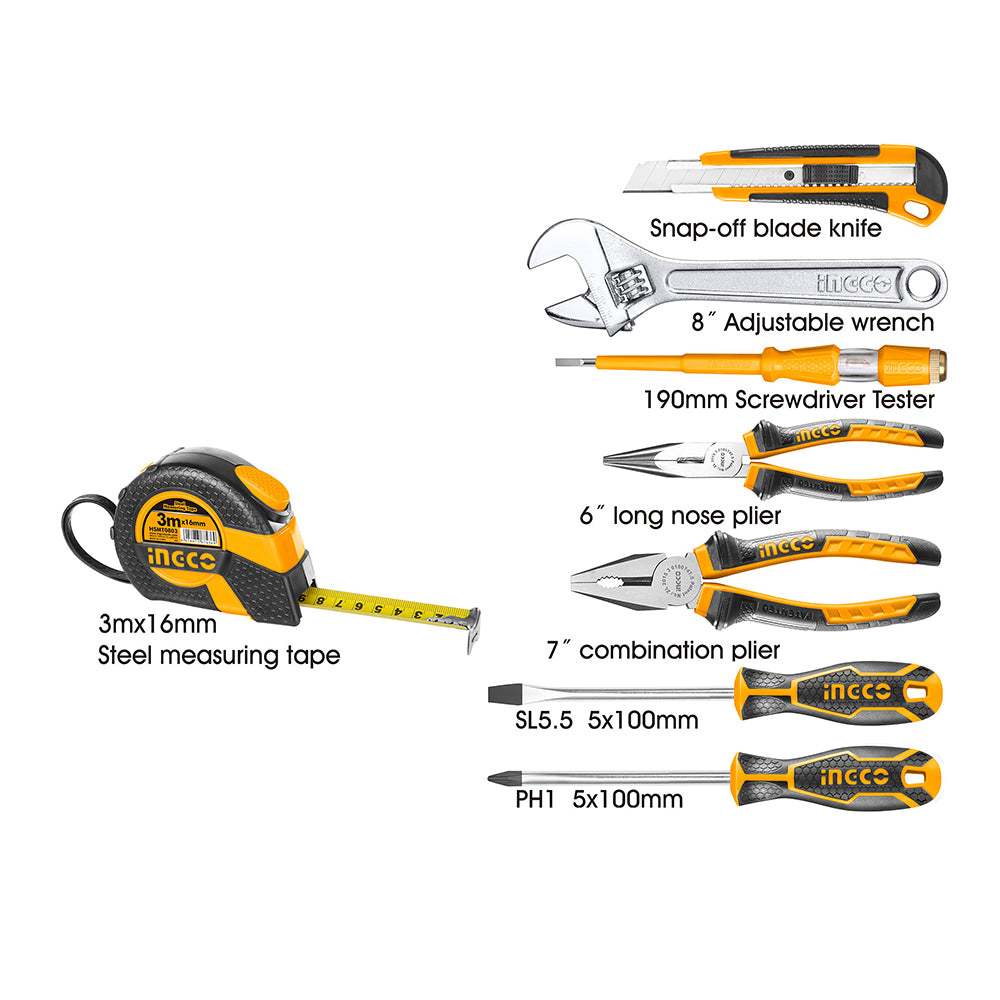 Bộ 8 Dụng Cụ Cầm Tay INGCO HKTH10808 Thước Cuộn, Tua Vít, Mỏ lết, Kìm Cắt, mỏ nhọn, dao rọc, Bút Thử Điện - Thinksafe