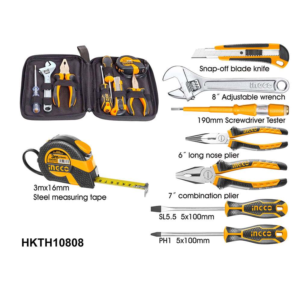 Bộ 8 Dụng Cụ Cầm Tay INGCO HKTH10808 Thước Cuộn, Tua Vít, Mỏ lết, Kìm Cắt, mỏ nhọn, dao rọc, Bút Thử Điện - Thinksafe