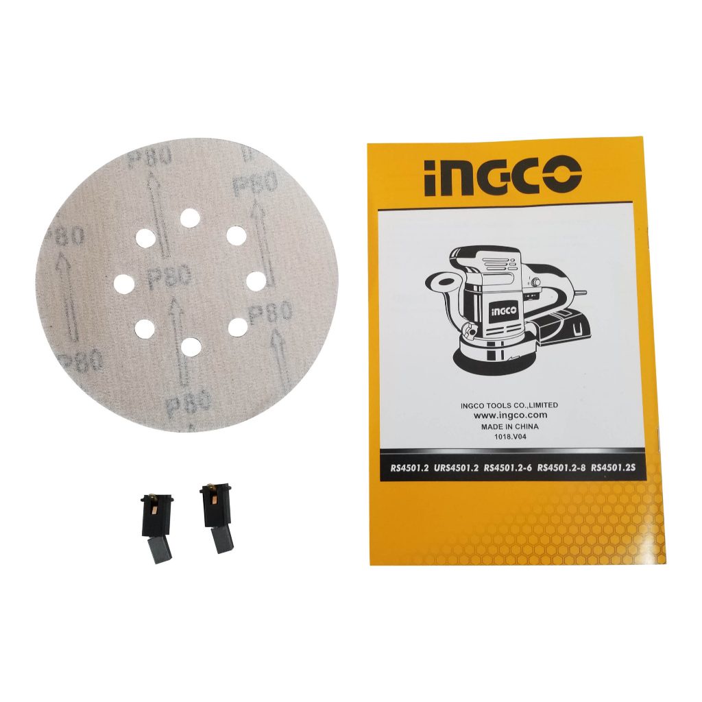 Máy chà nhám đĩa INGCO RS4501.2 công suất 450W, Tốc độ 4000-13000rpm, Đĩa 150mm - Kèm đế chà nhám PU 150mm Thinksafe