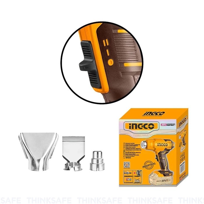 Máy thổi nhiệt pin 20V INGCO HGLI2002, Nhiệt độ 300/550°C, Luồng gió 100/200 L/phút - Không kèm Pin và sạc - Thinksafe