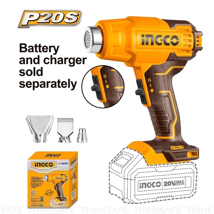 Máy thổi nhiệt pin 20V INGCO HGLI2002, Nhiệt độ 300/550°C, Luồng gió 100/200 L/phút - Không kèm Pin và sạc - Thinksafe