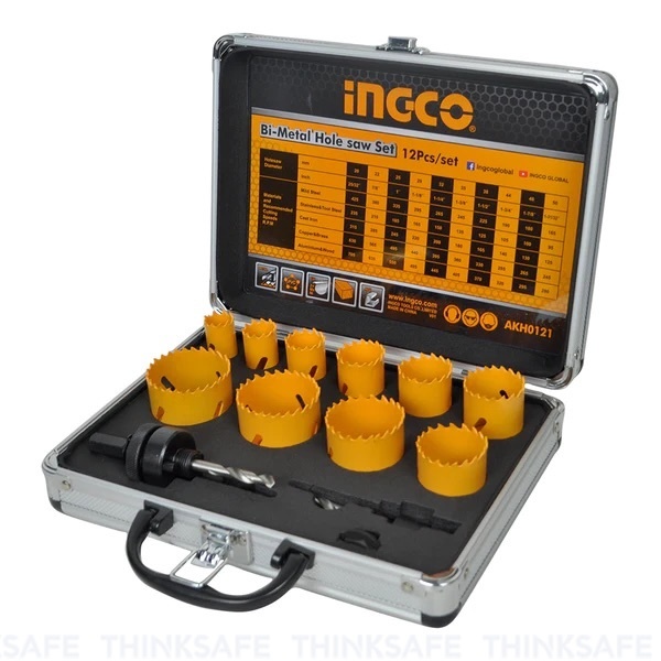 Bộ 12 mũi khoét kim loại INGCO AKH0121, Kích thước 20mm đến 50mm, bao gồm 2 lưỡi cưa khoét răng cưa - Thinksafe