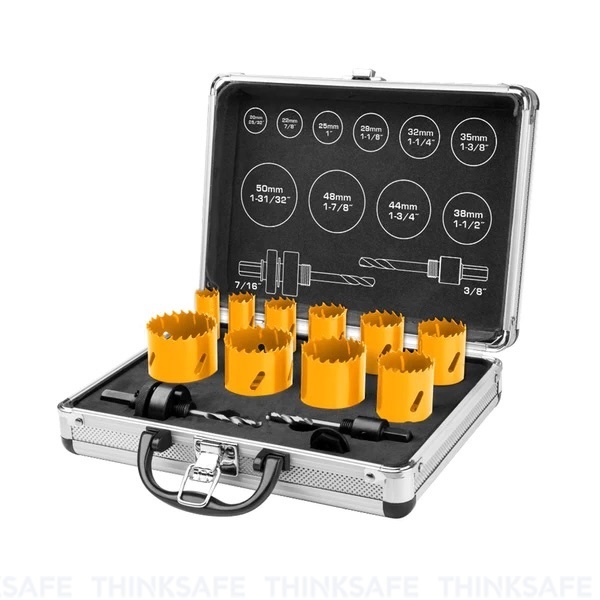 Bộ 12 mũi khoét kim loại INGCO AKH0121, Kích thước 20mm đến 50mm, bao gồm 2 lưỡi cưa khoét răng cưa - Thinksafe