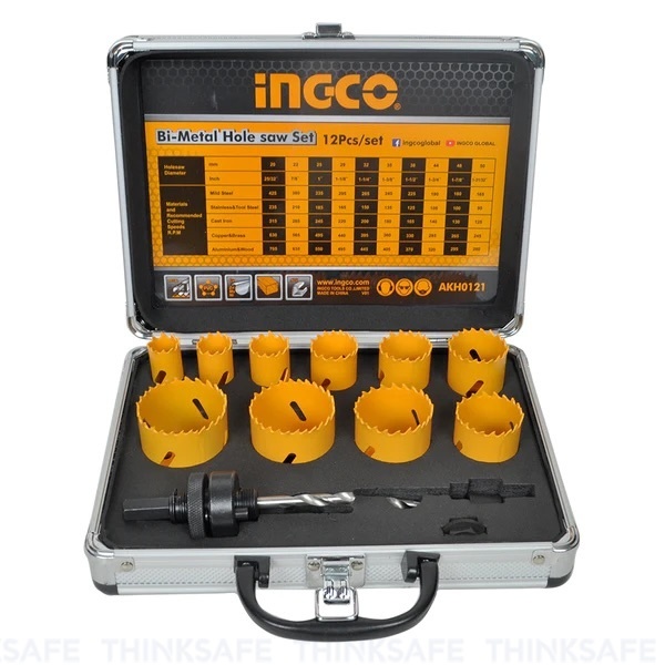 Bộ 12 mũi khoét kim loại INGCO AKH0121, Kích thước 20mm đến 50mm, bao gồm 2 lưỡi cưa khoét răng cưa - Thinksafe