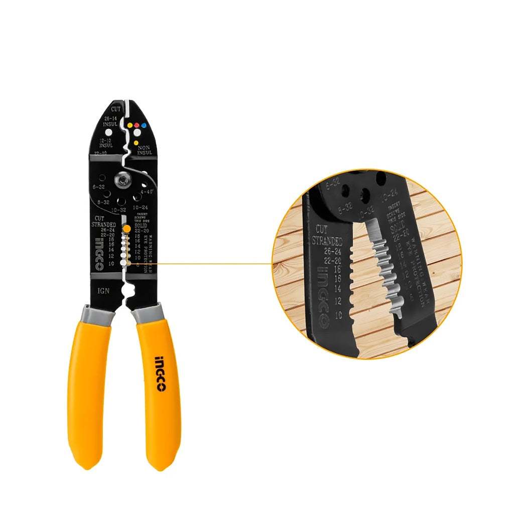Kìm tuốt dây điện đa năng 8.5 inch 10 inch INGCO HWSP851 Kích thước: 8.5 inch/215mm, với chức năng cắt, tuốt và đẩy dây