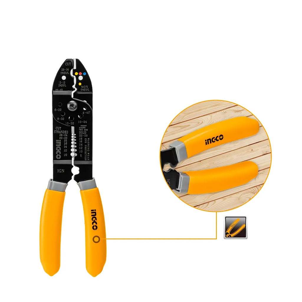 Kìm tuốt dây điện đa năng 8.5 inch 10 inch INGCO HWSP851 Kích thước: 8.5 inch/215mm, với chức năng cắt, tuốt và đẩy dây