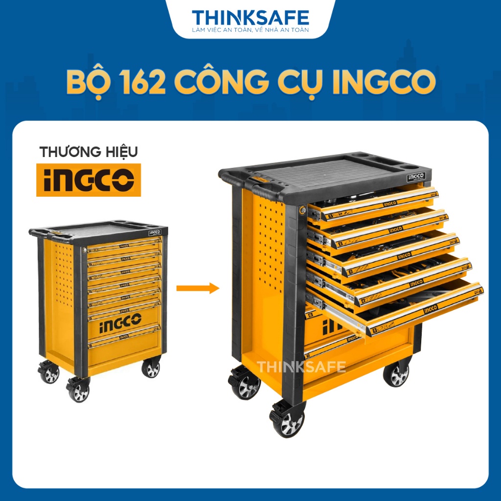 Bộ 162 công cụ tủ kéo 4 ngăn INGCO HTCS271621 Bộ đồ nghề 765x465x812mm Đầu vặn, đầu tuýp, tua vít, cờ lê - Thinksafe