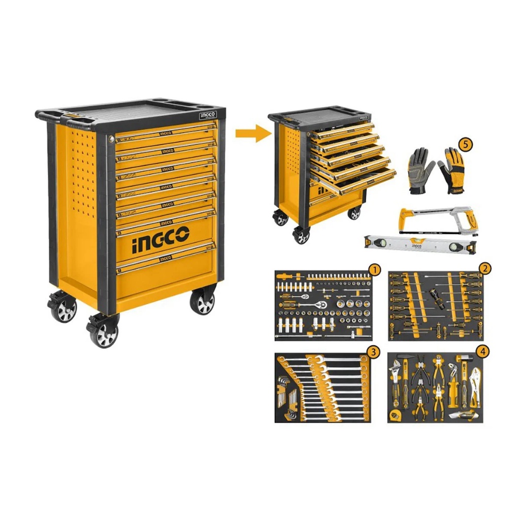 Bộ 162 công cụ tủ kéo 4 ngăn INGCO HTCS271621 Bộ đồ nghề 765x465x812mm Đầu vặn, đầu tuýp, tua vít, cờ lê - Thinksafe