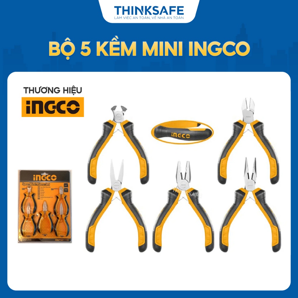 Bộ 5 kềm mini INGCO HMPS01115 gồm: Kềm răng , Kềm cắt, Kềm cắt đứt, Kềm mũi dài, Kềm mũi dẹp. Kích thước 4.5 inch