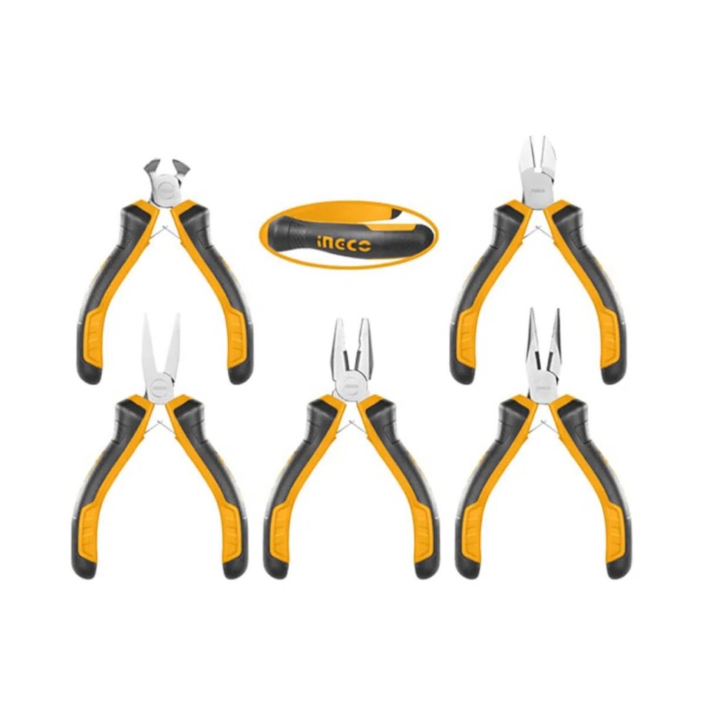 Bộ 5 kềm mini INGCO HMPS01115 gồm: Kềm răng , Kềm cắt, Kềm cắt đứt, Kềm mũi dài, Kềm mũi dẹp. Kích thước 4.5 inch