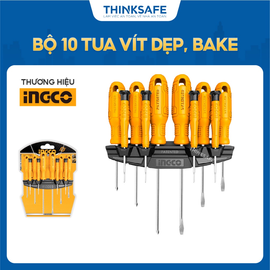 Bộ 10 Tua Vít INGCO HKSD1058, Chất Liệu Thép CRV, Cán Tròn, Gồm 6 Tua Vít Chính và 4 Tua Vít Chuẩn - Thinksafe