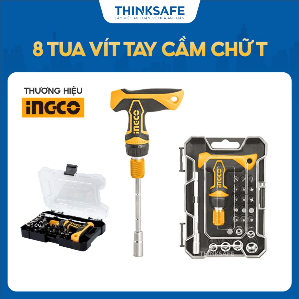 Bộ 18 tua vít chữ T INGCO HKSDB0188 chất liệu crv, tay cầm Ratchet, 6 đầu cắm 1/4inch, 9 đầu vít 6.35x25MM - Thinksafe