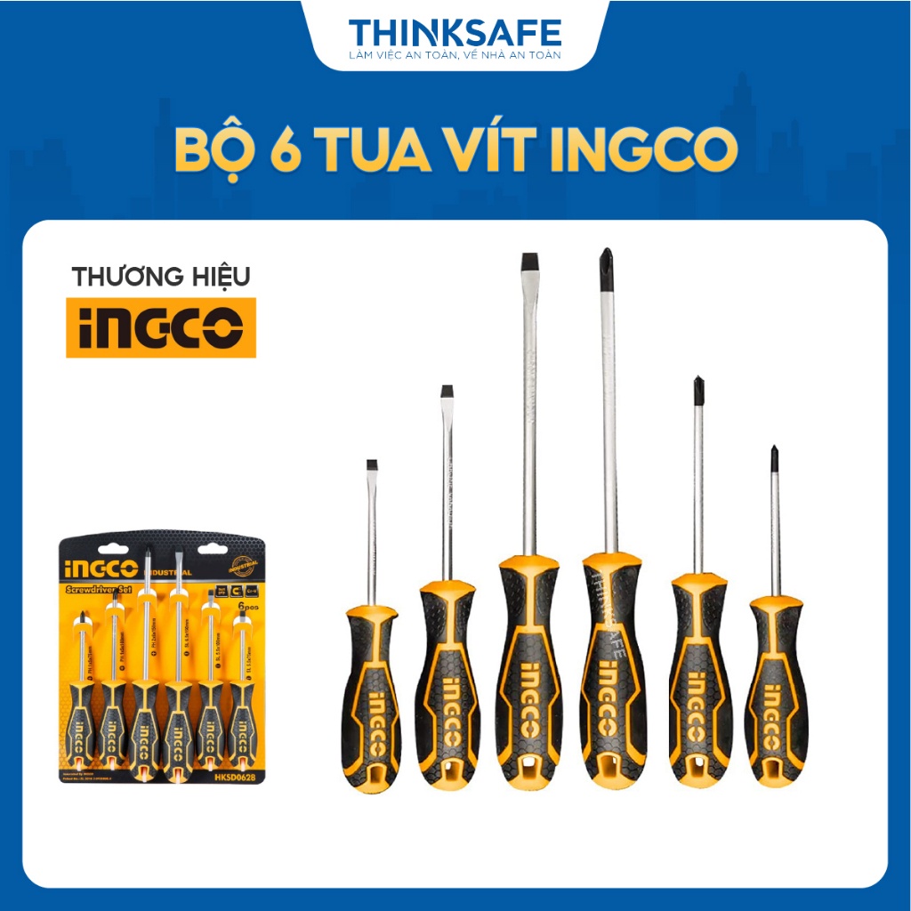 Bộ 6 tua vít INGCO HKSD0628 chất liệu crv, đuôi tròn, kích thước đa dạng gồm tua vít bake ph1, ph2 và vít dẹp -Thinksafe