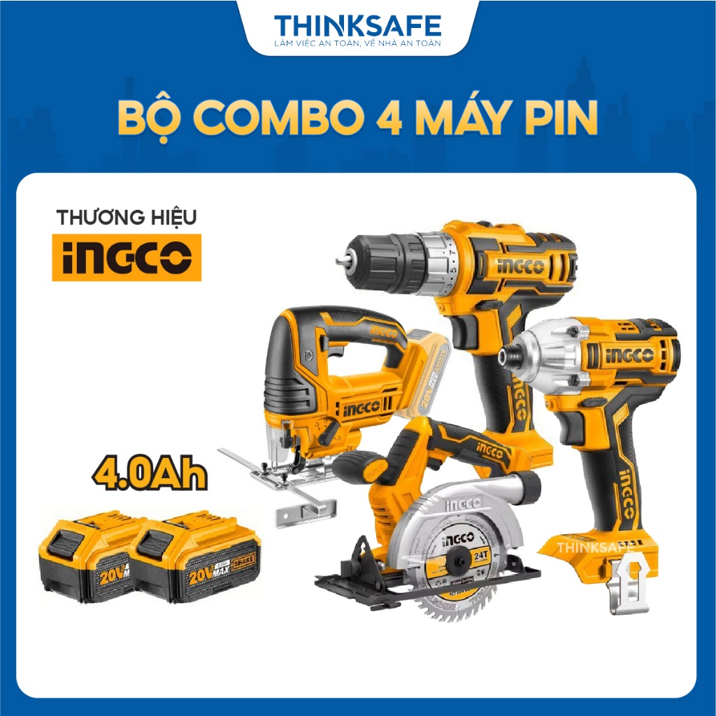 Bộ Combo Máy Khoan, Máy Siết Vít, Cưa Lọng, Cưa Gỗ Dùng Pin 20V INGCO CKLI2010 Kèm pin 2Ah và sạc - Thinksafe