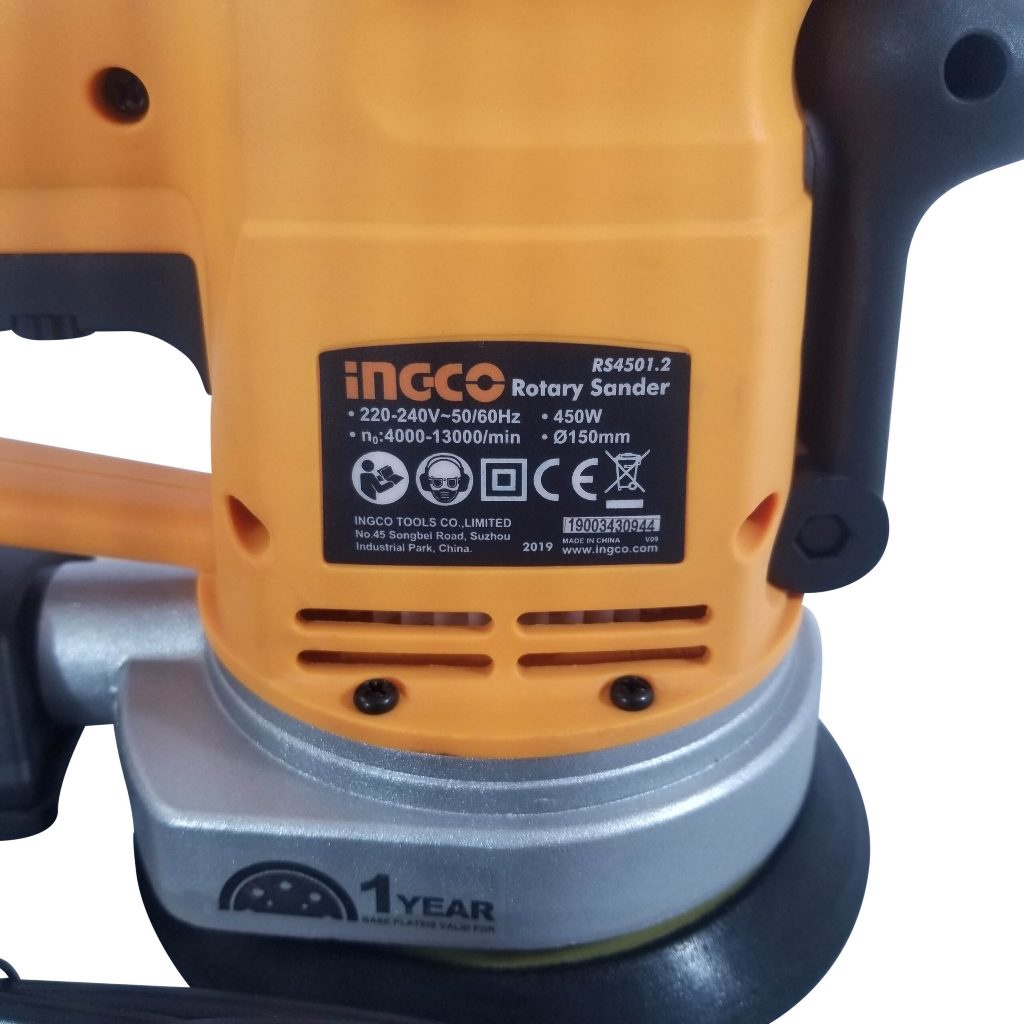 Máy chà nhám đĩa INGCO RS4501.2 công suất 450W, Tốc độ 4000-13000rpm, Đĩa 150mm - Kèm đế chà nhám PU 150mm Thinksafe
