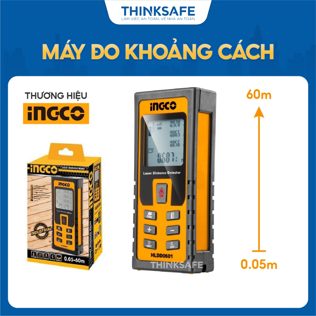 Máy đo khoảng cách laser 60m INGCO HLDD0601, Phạm vi đo 0.05-60m, Các phép đo 50 giá trị - Thinksafe