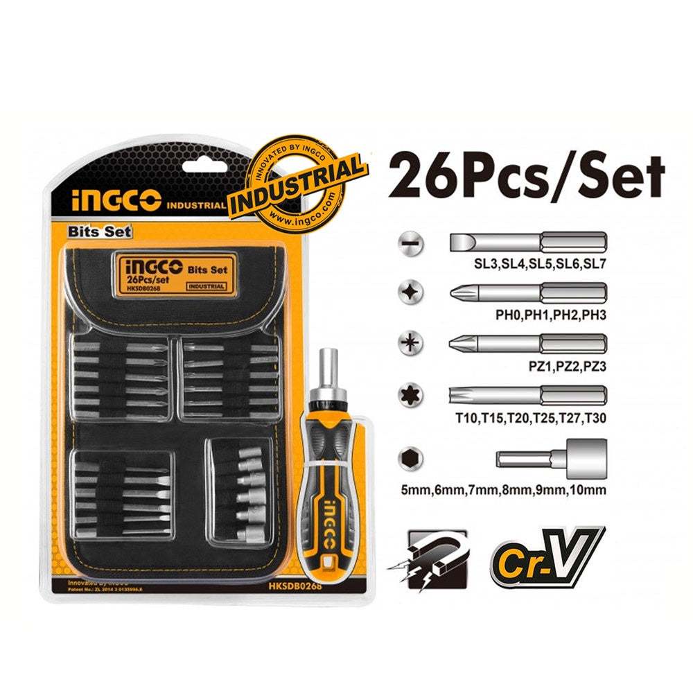 Bộ 26 tua vít INGCO HKSDB0268 chất liệu CR-V, có đầu giữ ratchet và 18 đầu vít dài 65mm cánh tay điện - Thinksafe