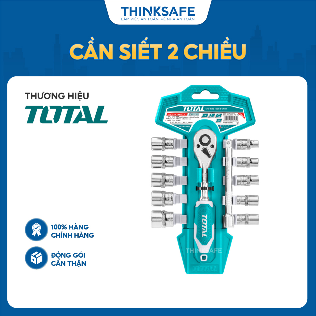 Bộ cần siết lưc 2 chiều và đầu tuýp 12 chi tiết TOTAL, kích thước 1/2 - 1/4 inch, chất liệu thép crv mạ crôm - Thinksafe