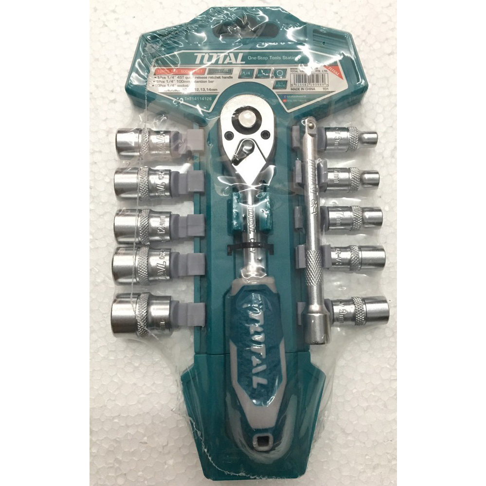 Bộ cần siết lưc 2 chiều và đầu tuýp 12 chi tiết TOTAL, kích thước 1/2 - 1/4 inch, chất liệu thép crv mạ crôm - Thinksafe