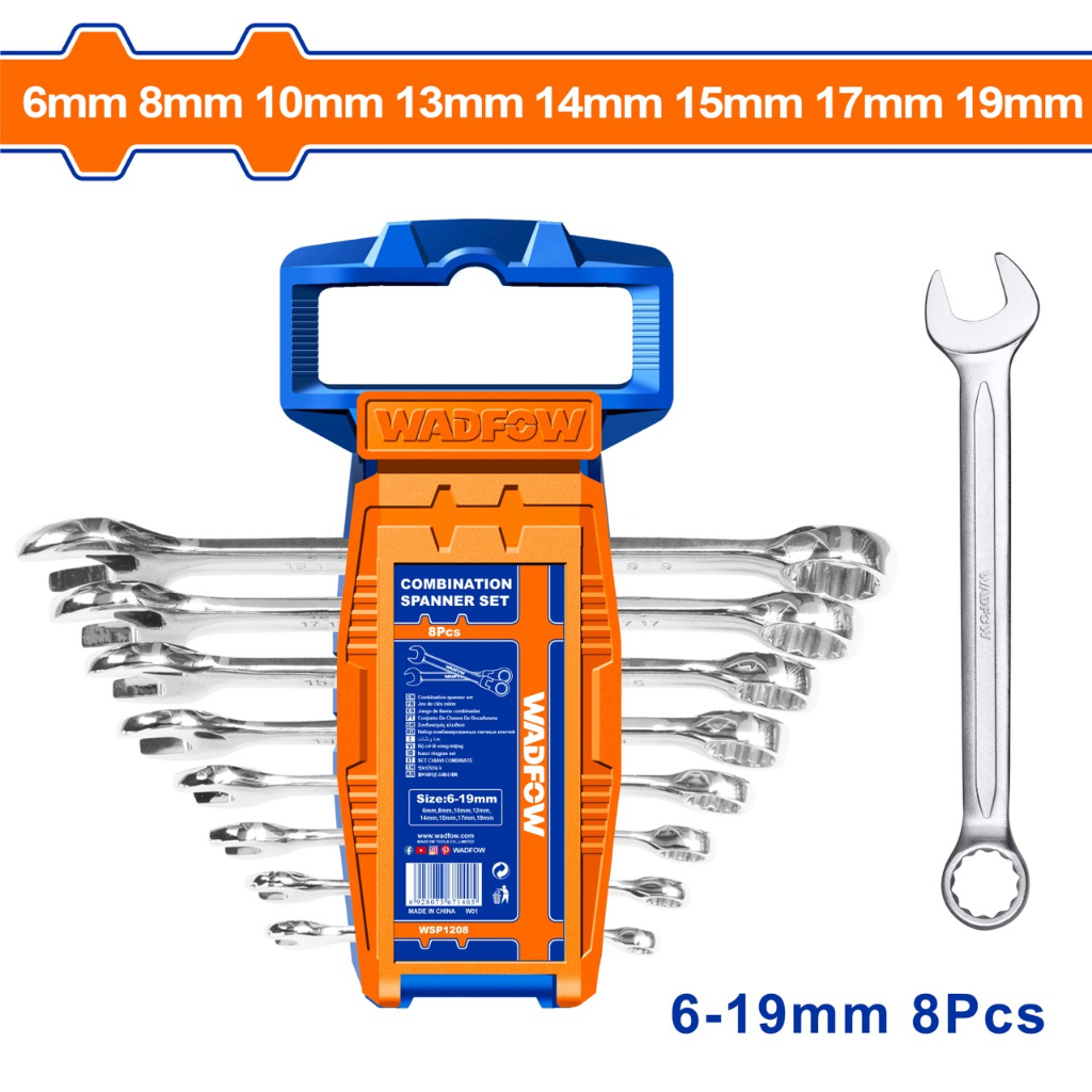 Bộ 8 cờ lê vòng miệng 6-19mm Wadfow WSP1208 chất liệu thép không gỉ mạ bóng đa năng dùng siết bulong ốc vít - Thinksafe