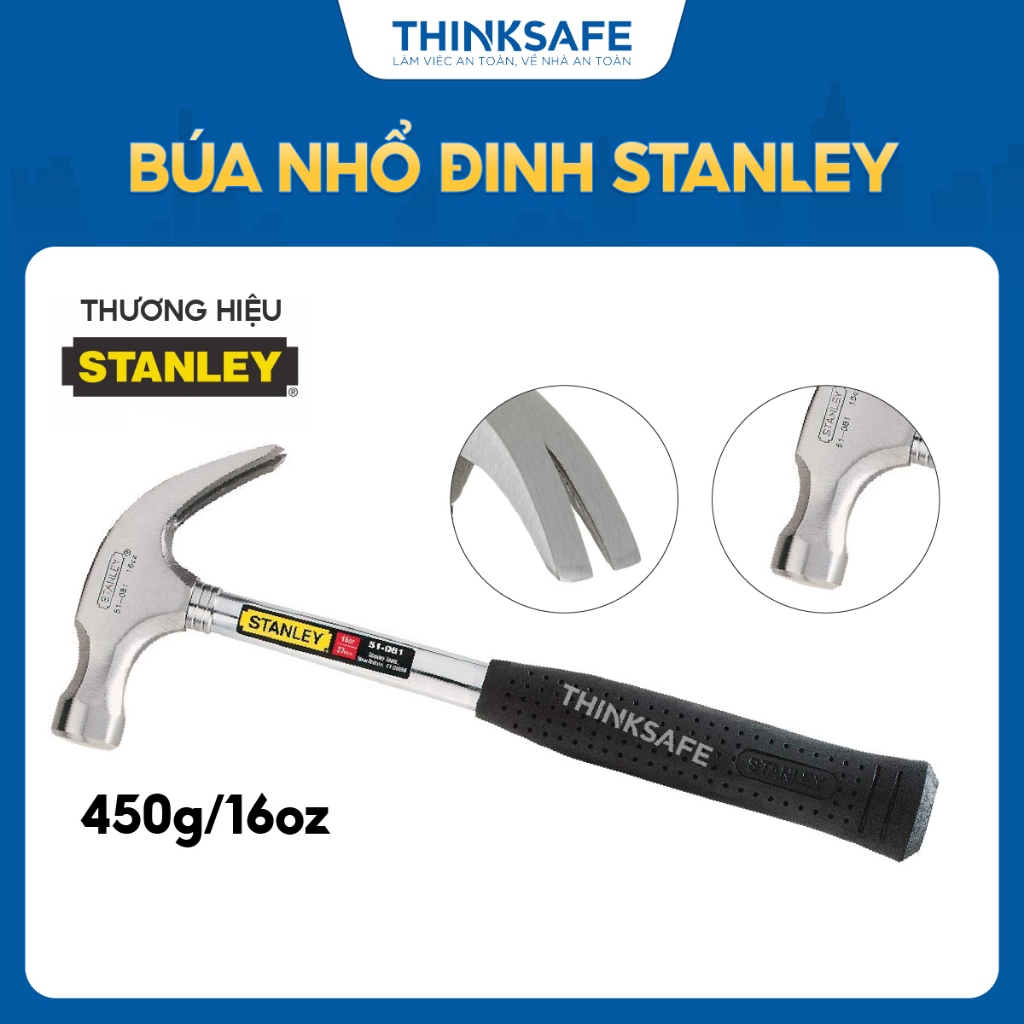 Búa nhổ đinh cán sắt Stanley 51-082, 51-081 đầu búa làm từ thép cao cấp không gỉ, cán bọc cao su chống trơn trượt