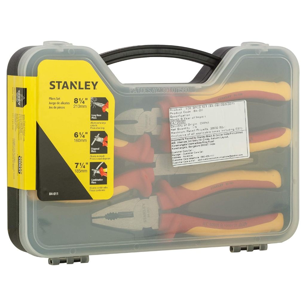 Bộ kìm điện Stanley 84-011 3 chi tiết gồm kìm răng, kìm cắt, kìm mỏ nhọn cách điện 1000V dùng để bấm cắt tuốt dây điện