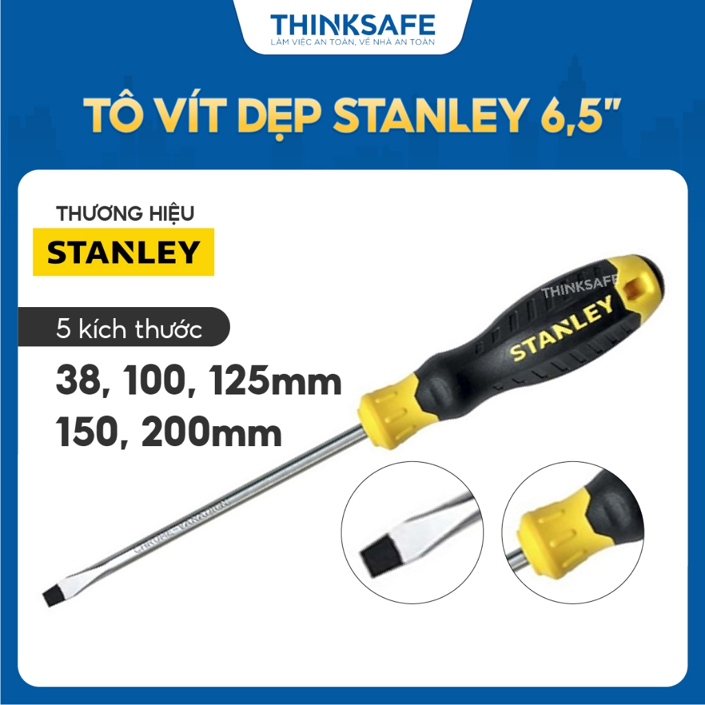 Tua vít dẹp Stanley đường kính 3mm, 5mm, 6.5mm, 8mm tô vít điện có từ tính, tay cầm chống trơn trượt để vặn, siết đai ốc