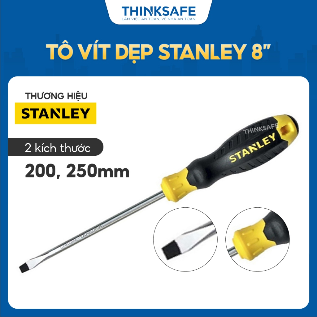 Tua vít dẹp Stanley đường kính 3mm, 5mm, 6.5mm, 8mm tô vít điện có từ tính, tay cầm chống trơn trượt để vặn, siết đai ốc
