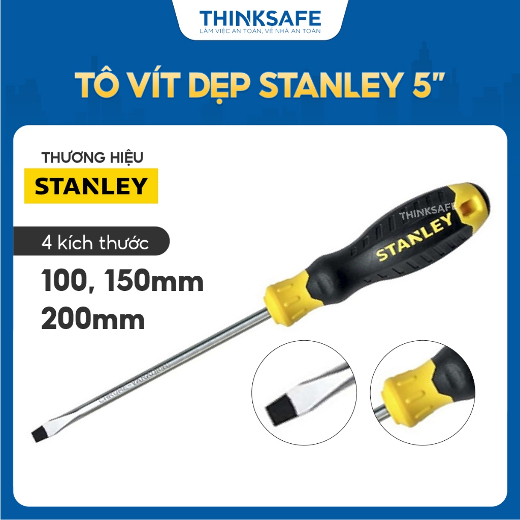 Tua vít dẹp Stanley đường kính 3mm, 5mm, 6.5mm, 8mm tô vít điện có từ tính, tay cầm chống trơn trượt để vặn, siết đai ốc