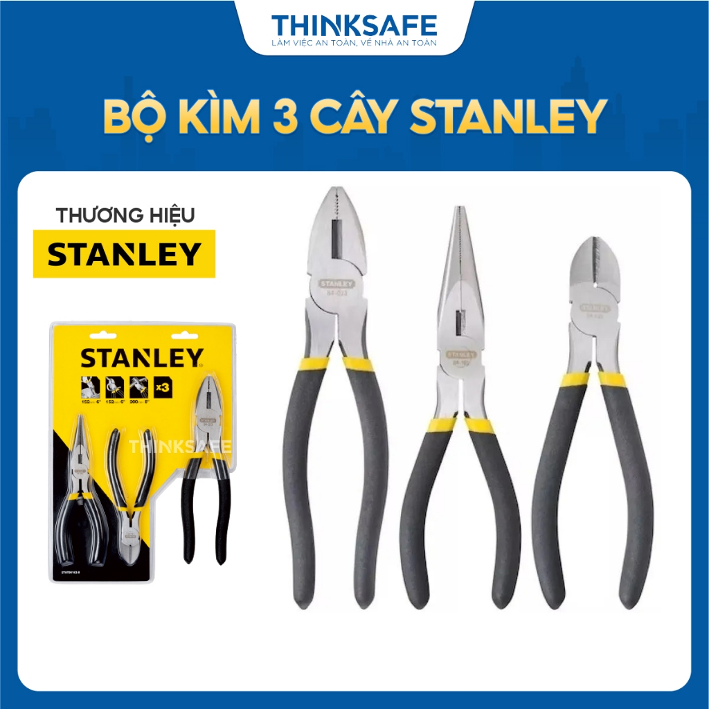 Bộ 3 kìm cắt, kìm điện, kìm mỏ nhọn Stanley 90-162 kích thước 160mm và 200mm để kẹp, uốn cong, cắt dây điện - Thinksafe